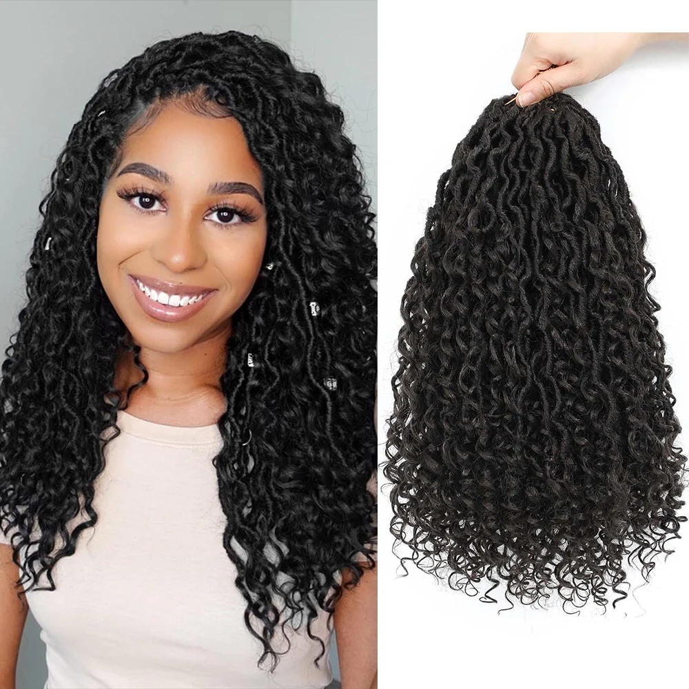 شعر كروشيه Goddess Faux Locs للنساء، شعر كروشيه طويل Goddess Locs، نمط بوهو صناعي، شعر نهري بأطراف مجعدة