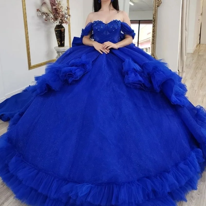 

Royal Blue Sparkly Princess Quinceanera Dresses Off Shoulder Applique Lace Beads Bow Tull Tiered Corset vestidos de 15 xv anos