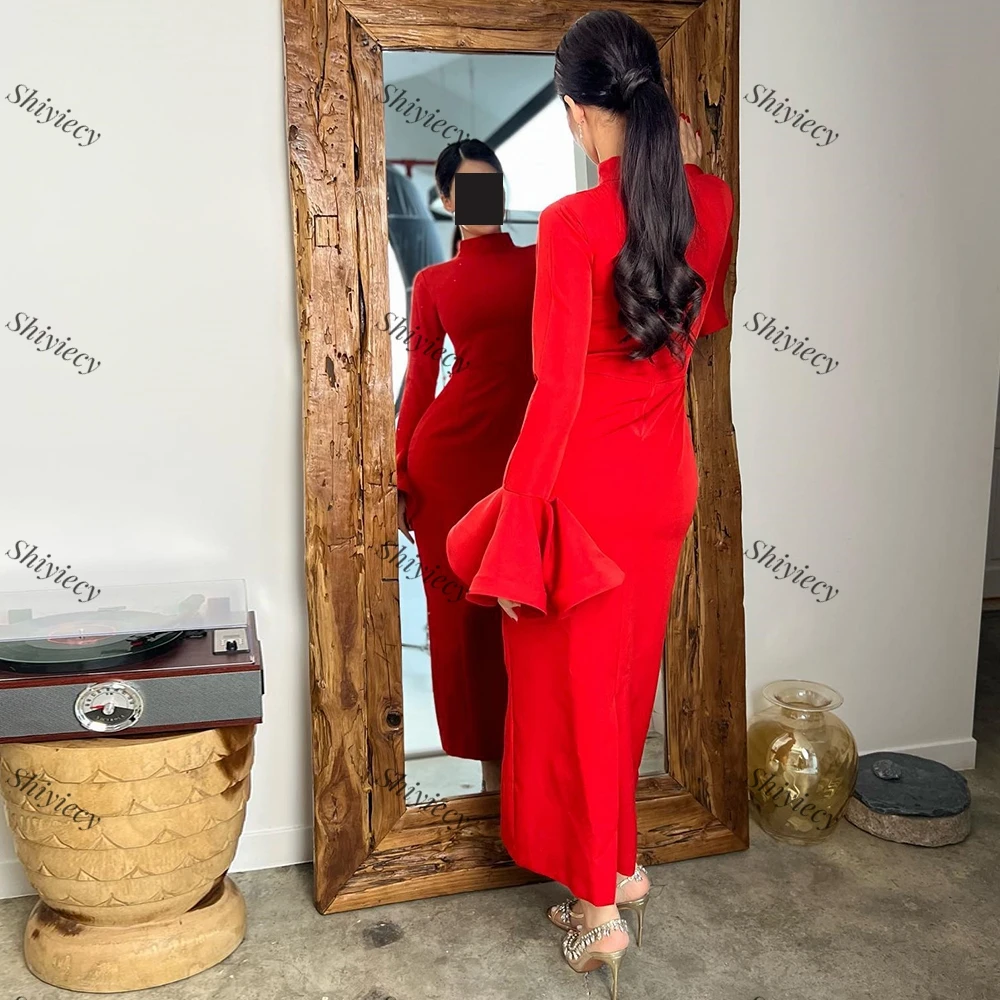 Red Flare Sleeves Jersey Evening Dress High Neckline Ankle Length Formal Party Gowns Straight Prom Dress Saudi Arabia 2024