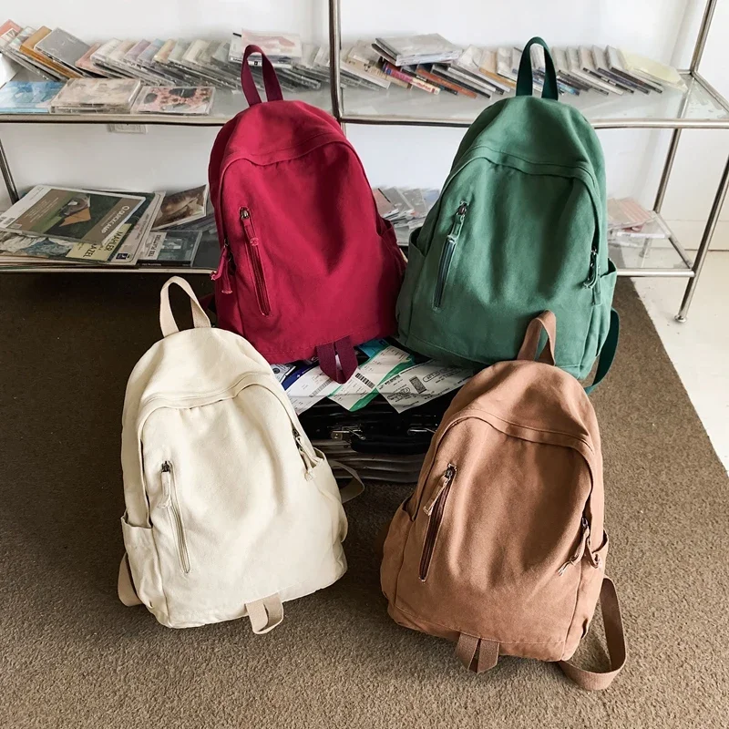 New Casual Canvas Backpack For Women Solid Color Large Capacity Student college Backpack Korean Version Girl Travel School Bags