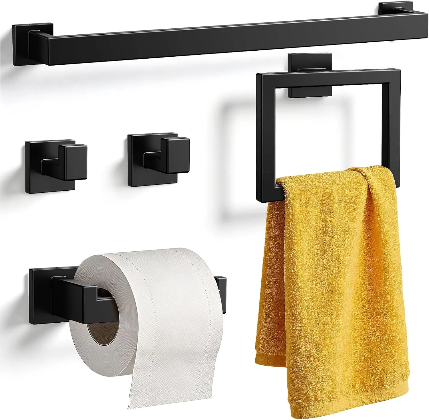 

5-Piece Bathroom Hardware Set, Rustproof Towel Racks, 16" Bar, TP Holder, Ring & 2 Hooks, Matte Black