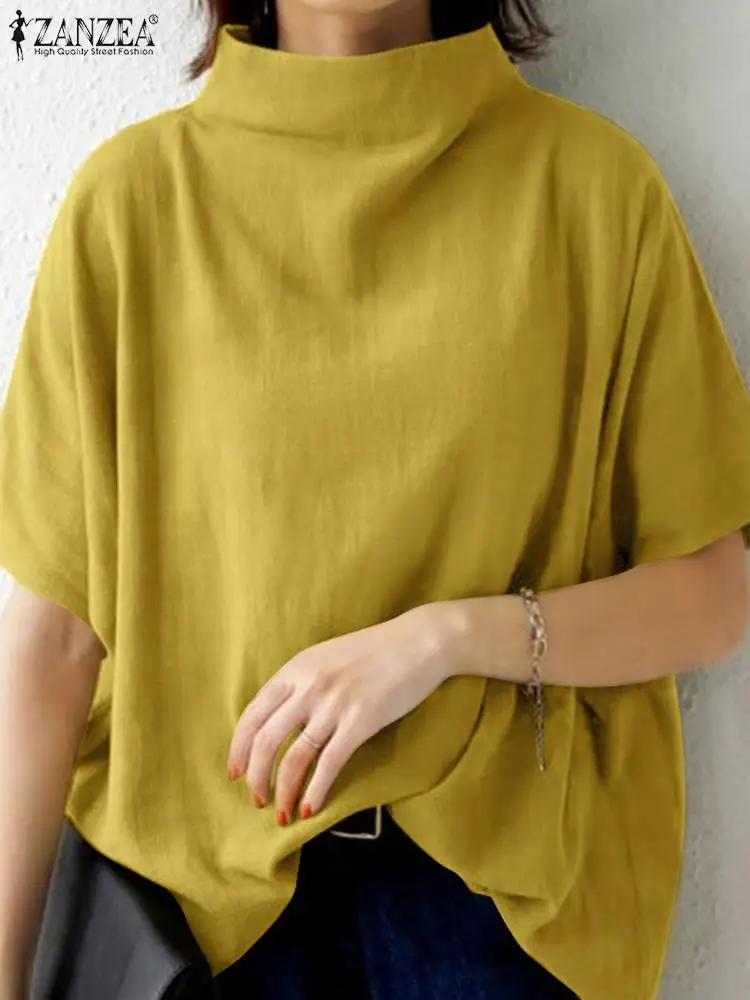 ZANZEA Summer Fashion Turtleneck Half Sleeve Blouse Women Solid Loose Tops Elegant OL Work Shirt Casual Holiday Blusas Tunic