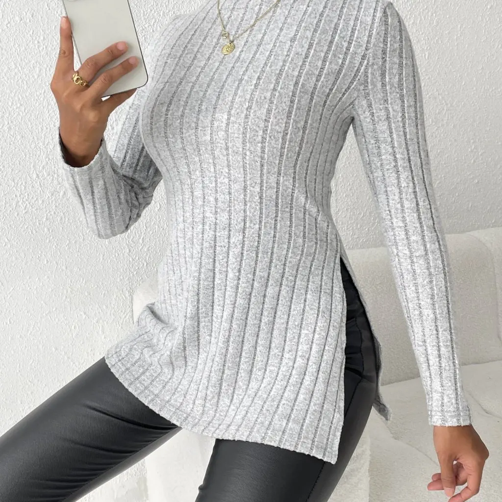 

Women's Turtleneck Pullover Slim Fit Mid-Length Shirt with Stripes European And American Style Autumn Winter Split Bottoming Top