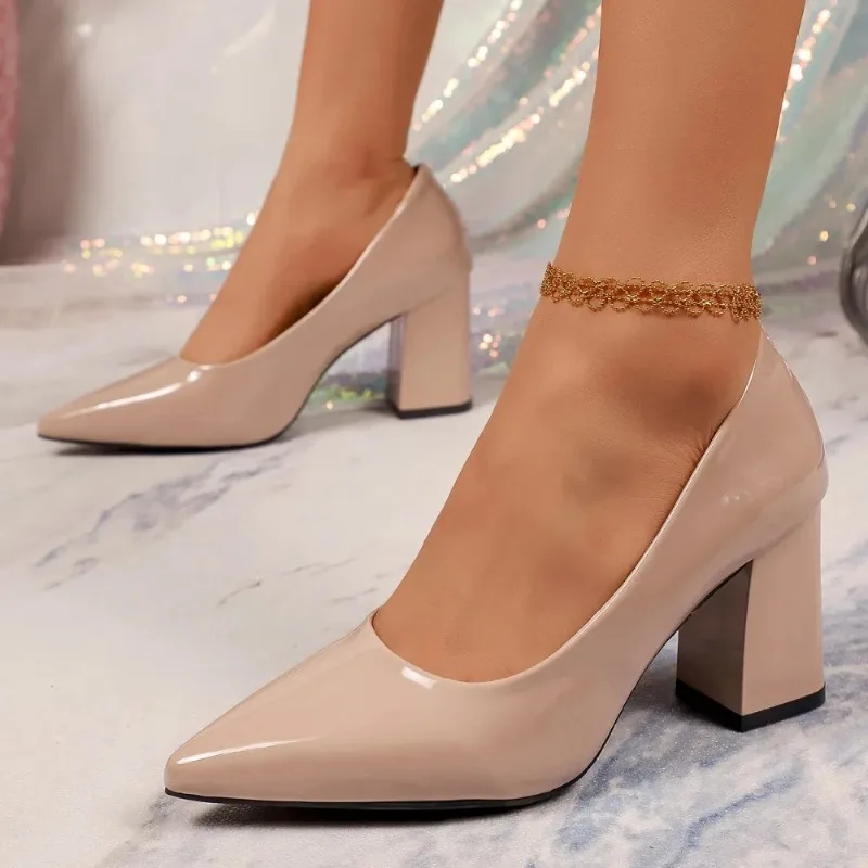 Women's Pointed-Toe High Heels Exquisite Glossy Chunky Heels Comfortable Shallow-Mouthed Pumps Suitable  Workplace Women Shoes