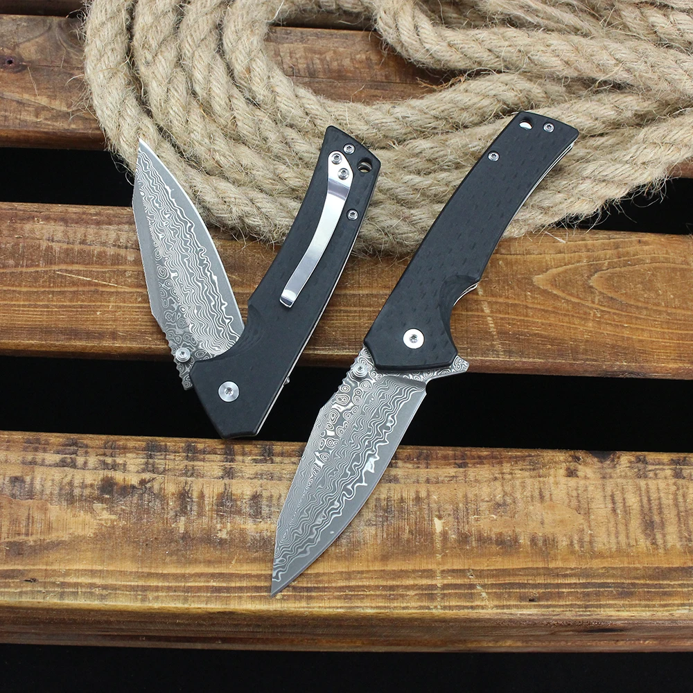 높은 경도 60HRC 다마스커스 접이식 칼 군사 전술 칼 탄소 섬유 손잡이 원래 야외 사냥 칼 잭나이프