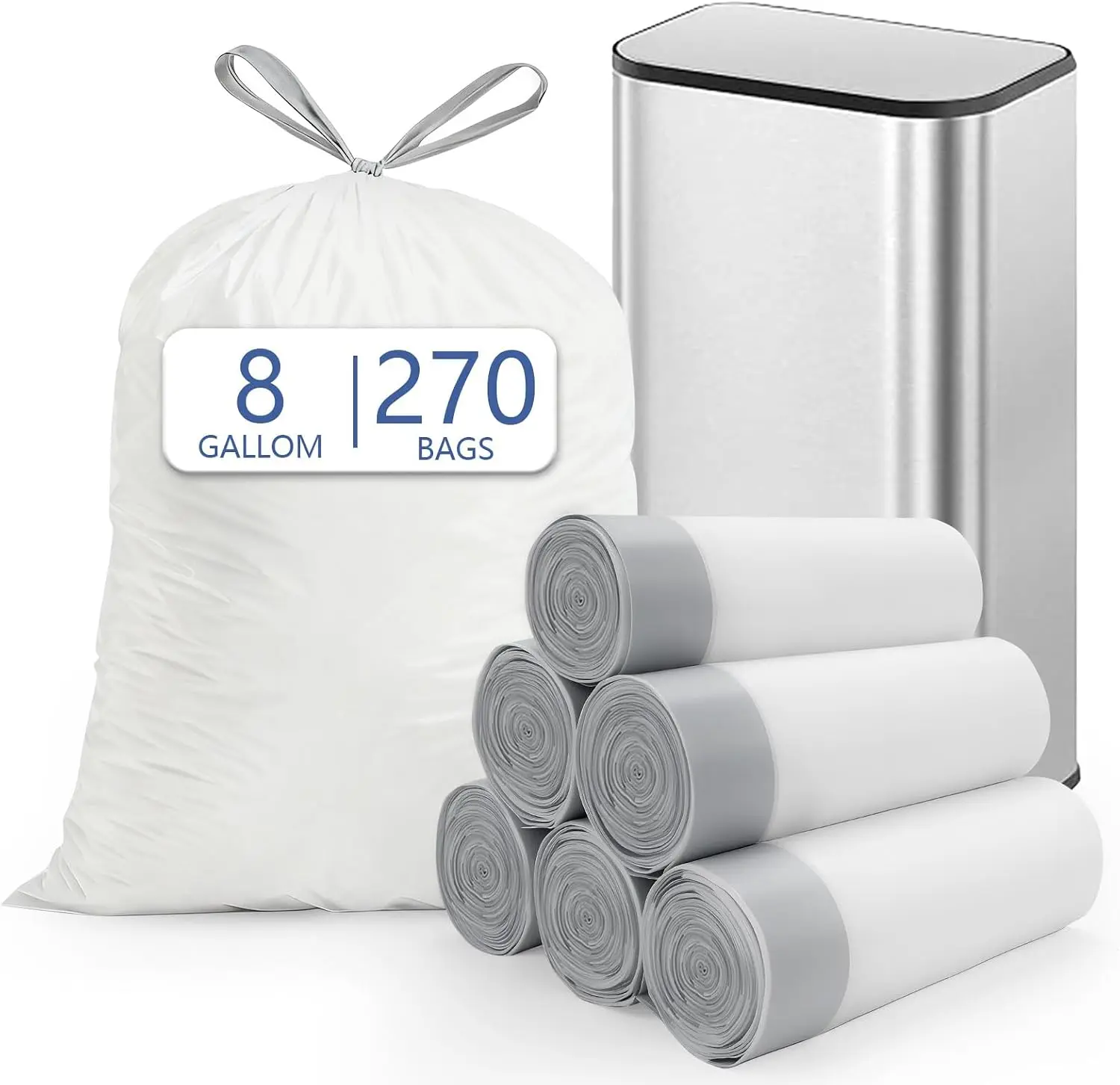8 Gallon 30L Trash Bags, Fits SONGMICS 8 Gallon Trash Cans, 6 Rolls 270 Counts Heavy Duty White Garbage Bags, Pre-Separated Drawstring Trash Bags, Suitable for Kitchen, Bathroom, etc.
