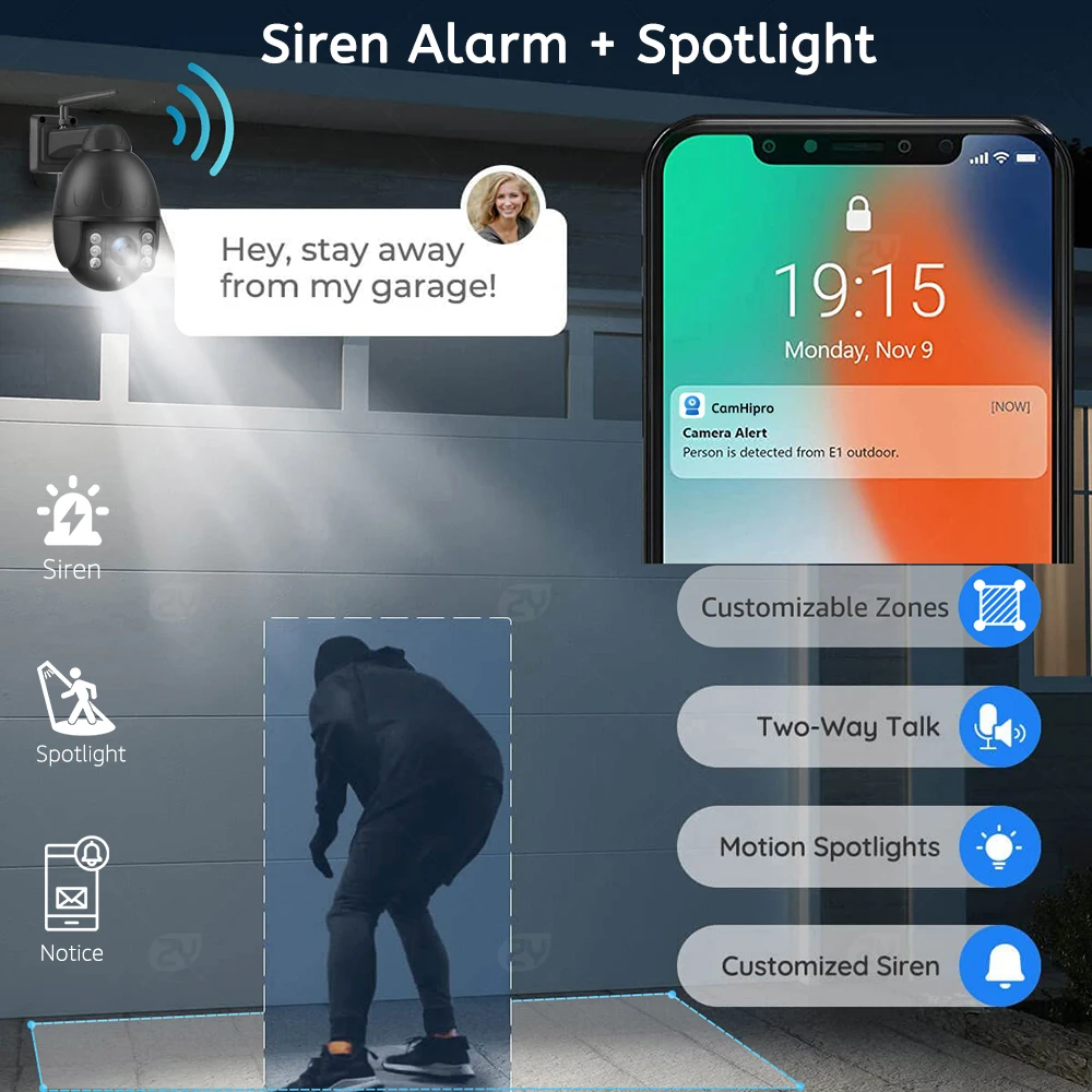 Imagem -03 - Câmera ip de Segurança 4k Wifi Zoom Óptico 5x Externo Imx415 8mp Rastreamento Automático Ptz Câmera Spotlight Cor Visão Noturna Sirene Alarme Detecção Humana Metal Preto Câmera de Vigilância Cctv Camhi