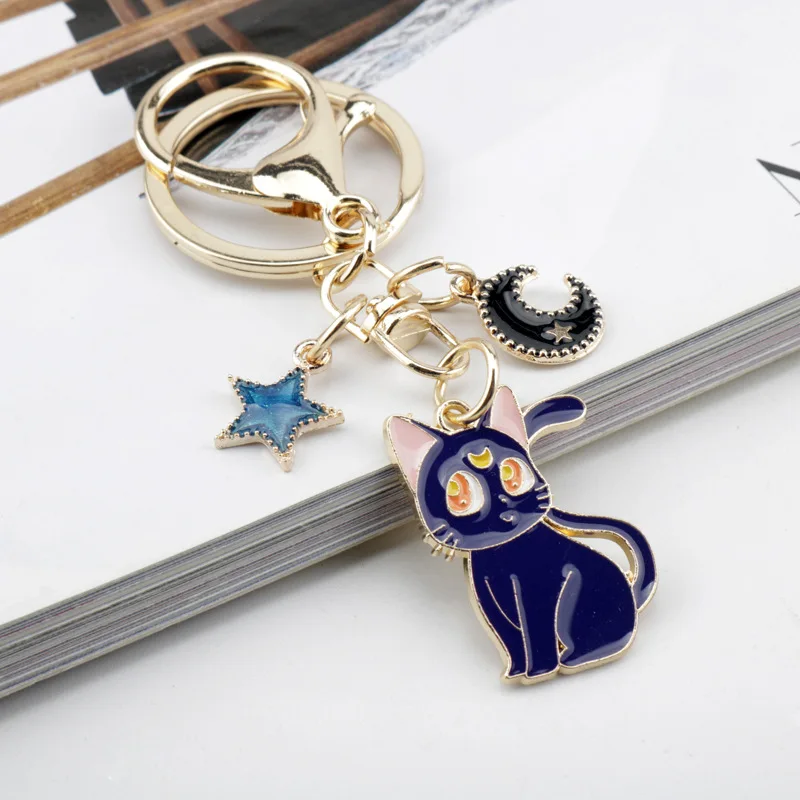 Sailor Moon Metal Keychain Luna Artemis Cat Key Ring Moon Star Couple Key Chain Pendant Trinkets Valentine\'s Day Gift Jewelry