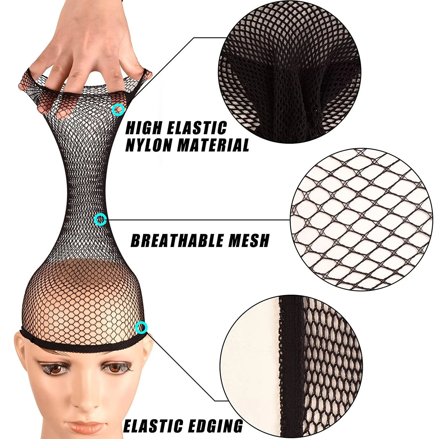 Elastic Stretchable Nylon Mesh Hair Net, Stocking Wig Cap, Open-End Fishnet para homens e mulheres, cabelos longos, preto nu, alta qualidade, 3pcs