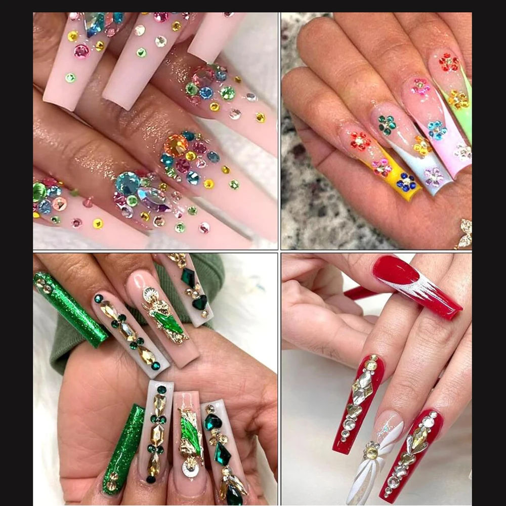 12Grids(400-500Pcs)3D Mixed-shapes Glass Crystal Nail Art Rhinetsone Shiny Red/Blue/Clear Nail Crystal DIY Flat-Bottom Diamond