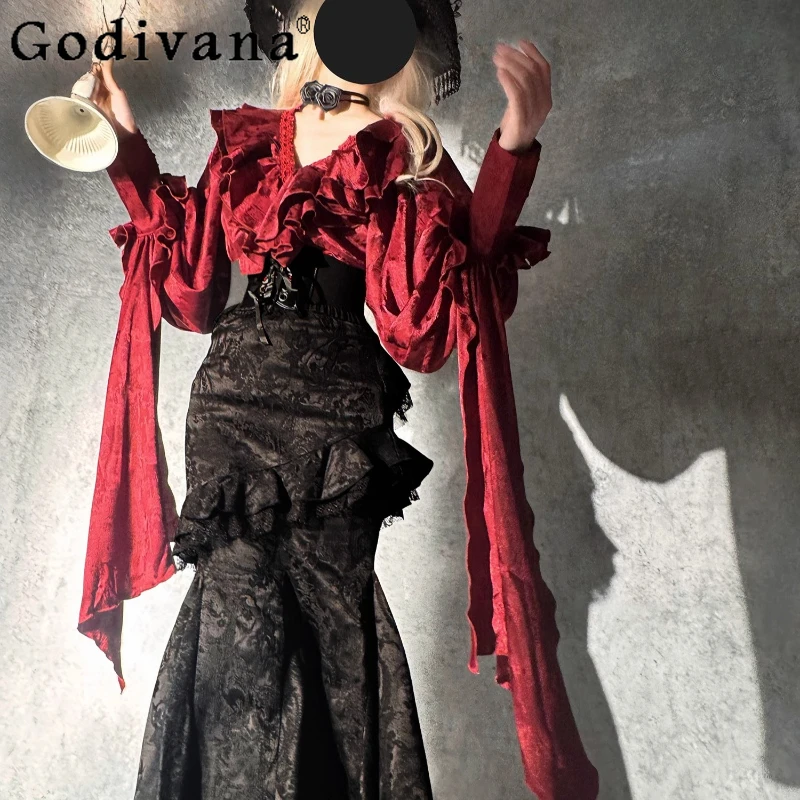 

Halloween Lolita Gothic Style Skirt Outfits Women's Long Sleeve Shirt Mermaid Skirt Suits Female Cosplay Costume Elegant Set