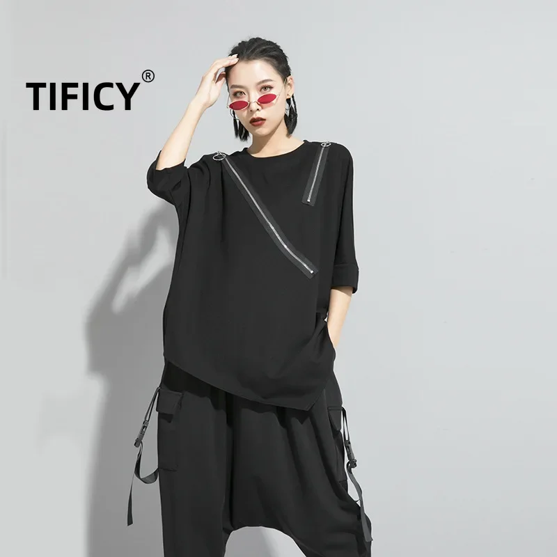 

TIFICY Summer Women's New Tshirt Dark Style Splice Slim Outwear Irregular Long Sleeve T-shirt Tops