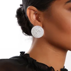 TREAZY Bling Full Rhinestone Big Round Stud Earrings Fashion Silver Color Crystal Statement Women Jewelry Wedding Party Earrings