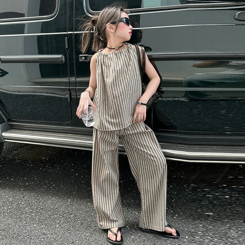 4-14Y Teen Girl Summer Outfits Cotton Line Sleeveless Vertical Stripe Vest+Pants Casual Style Streetwear Children Clothing Set