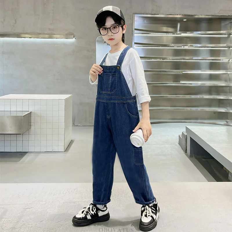 Vintage Children Denim Jumpsuits For Boys Girl Unisex Overalls Kids Casual Suspender Teenager Fashion Bib Jeans Pants With Strap