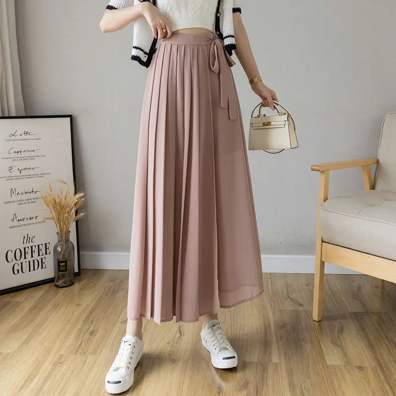 Zomer Nieuwe Stijl Koreaanse Vrouwen Grote Zoom Rok Broek Geplooid Chiffon Broek Hoge Taille Broek Hakama Casual Wijde Pijpen Pantalones