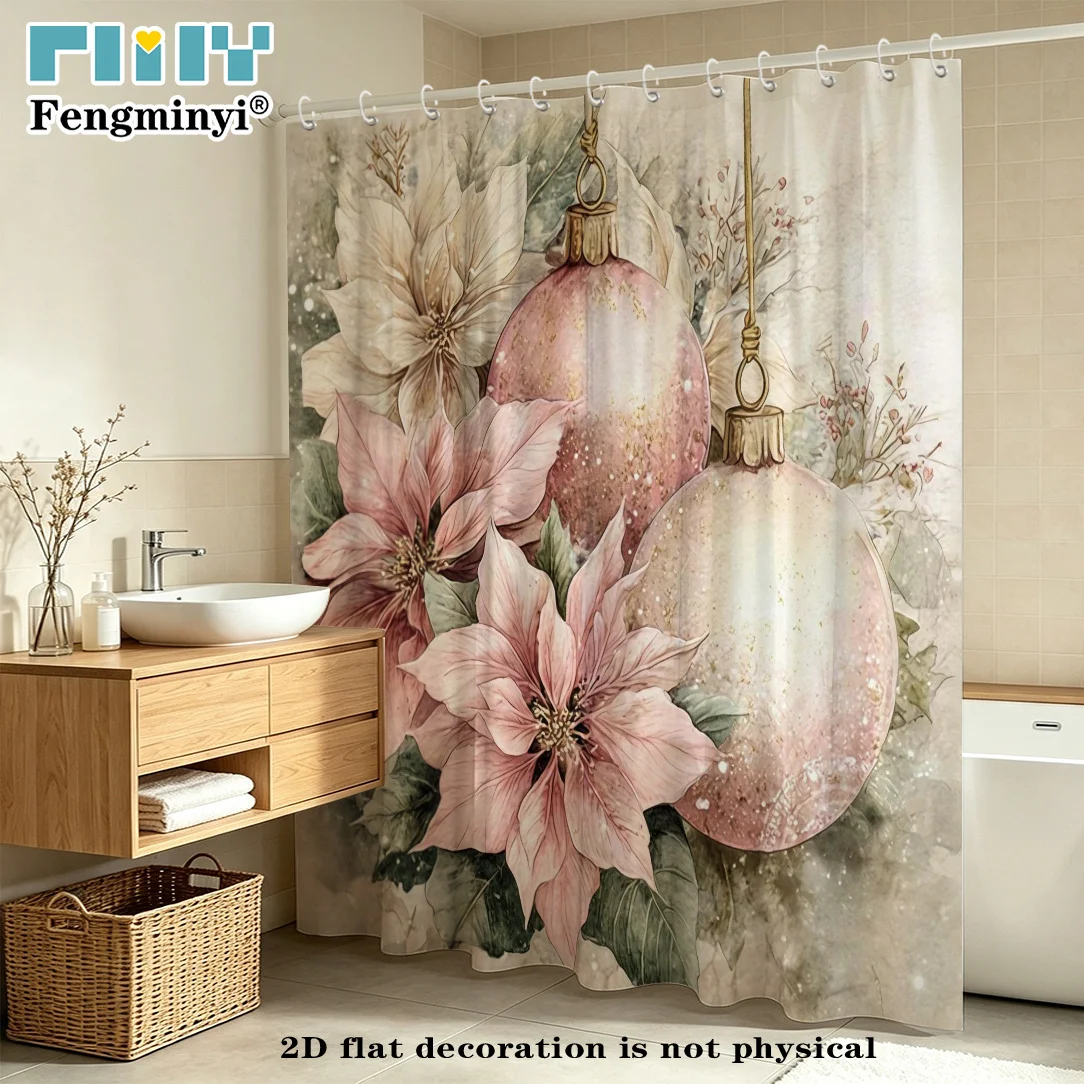 2D Flat, 1pc FENGMINYI Floral Shower Curtain with Pink Golden Sequin Poinsettia & Green Leaves - Vintage Christmas Bathroom Deco