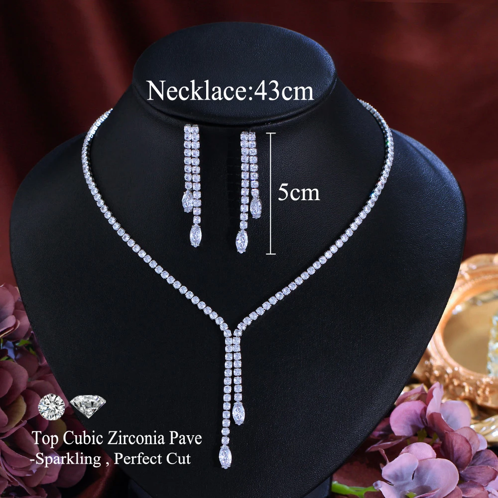 CWWZircons Bling Tassel Drop Zirconia Paved Damen Party Hochzeit Schmuckset Mode Braut Halskette und Ohrringe Großhandel T082 – Detail 1