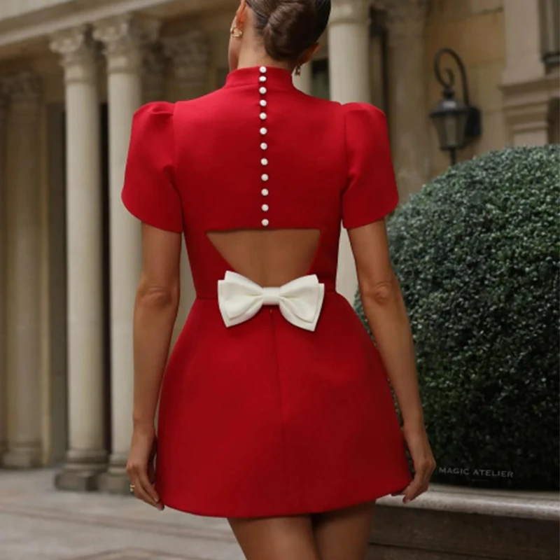 Elegante Frauen Bogen Aushöhlen Rot Schwarz Weiß Mini Kleid Luxus Puff Hülse O-ansatz Party Kleider 2025, Shinny Abend Party Vestid