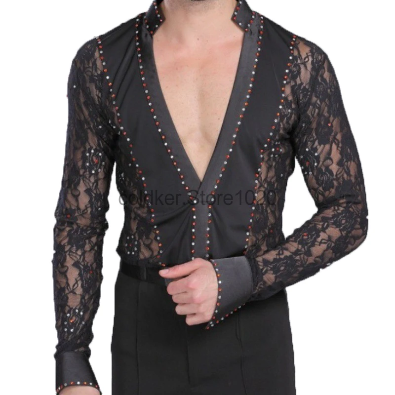 New Men\'s Latin Dance Costume Black White Hollow Lace Leotard Bodysuit Cha-Cha Tango Rumba Dance Performance Shirt For Male