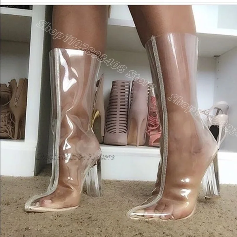 

Clear PVC Chunky Heels Short Boots Pointed Toe Solid Fashion Spring Party Dress Design for Women Shoes 2024 Zapatos Para Mujere