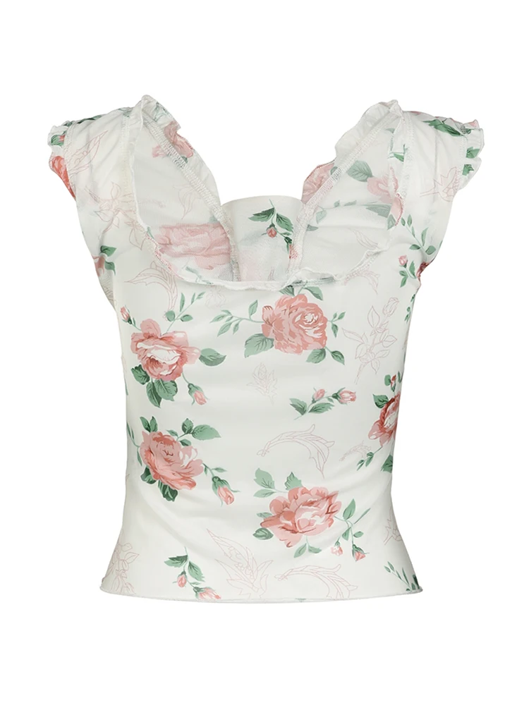 Boho Summer Floral Print Mesh Vest Women Sleeveless Ruffles Cross Bandage Cute Sweet Crop Tops