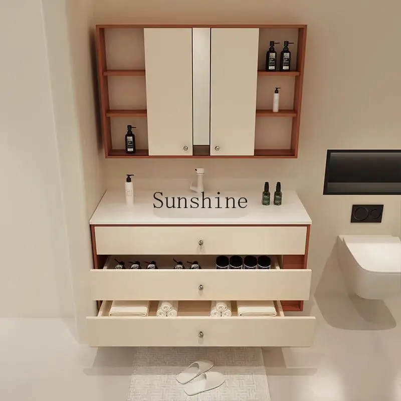 Medieval style double color solid wood ceramic integrated basin bathroom cabinet combination, simple and modern