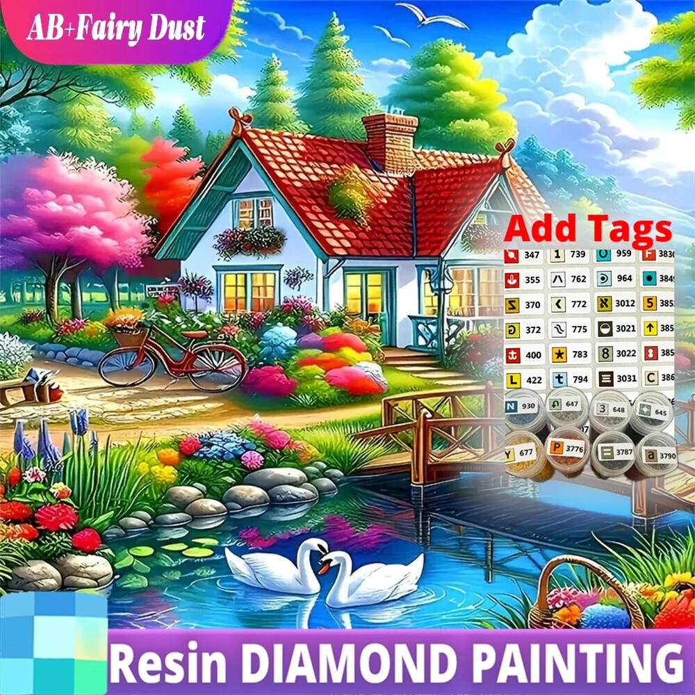 Resin AB Fairy Dust Diamond Mosaic House Landscape DIY River Diamond Painting Bridge Picture Rhinestones Embroidery Garden Wall