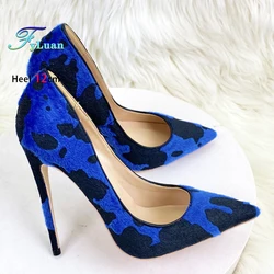 Blue Women Shoes 6CM 8CM 10CM 12CM Stilettos Mixed Color Printed Pointed Toe Extreme High Heels Fashion Horsehair Party Pumps