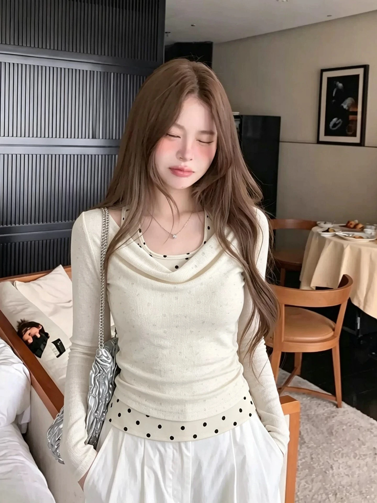Sweet Style Long Sleeve T-Shirt Polka Dot Halter Neck Inner Wear Top Peach Color Who Wears It Looks Beautiful Slim Fit Cotton...