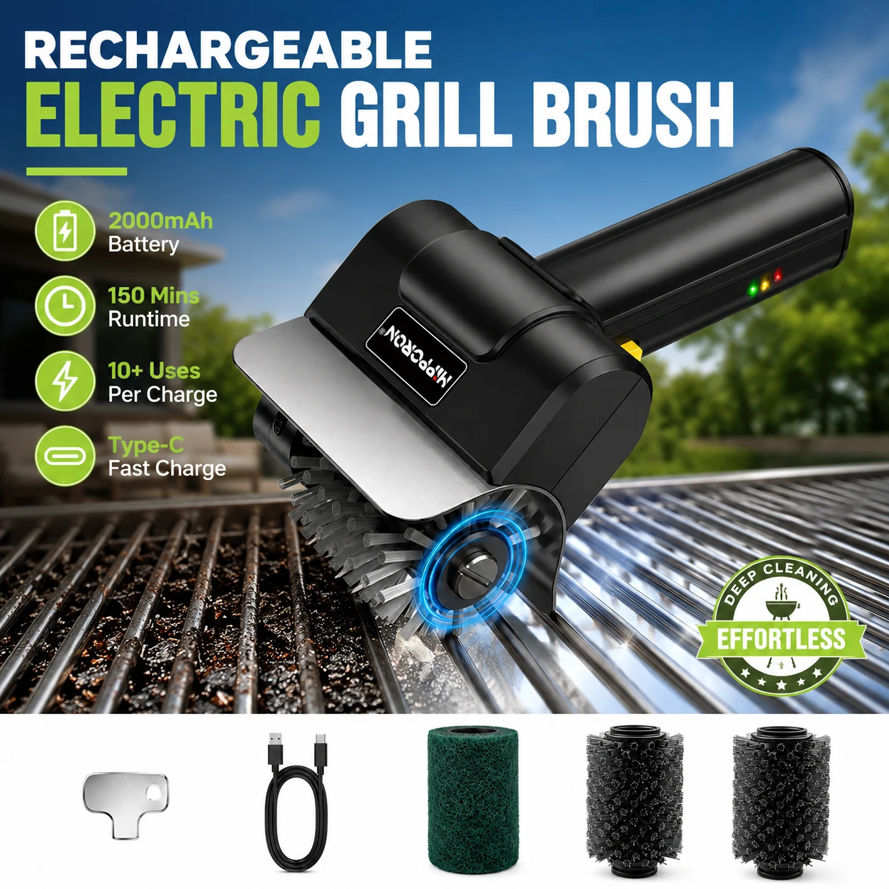 Image of Hippcron 1100RPM 304 Edelstahl Grillbürste, Wiederaufladbare Elektrische BBQ-Reinigungsbürste mit Ergonomischem Rutschfestem Griff