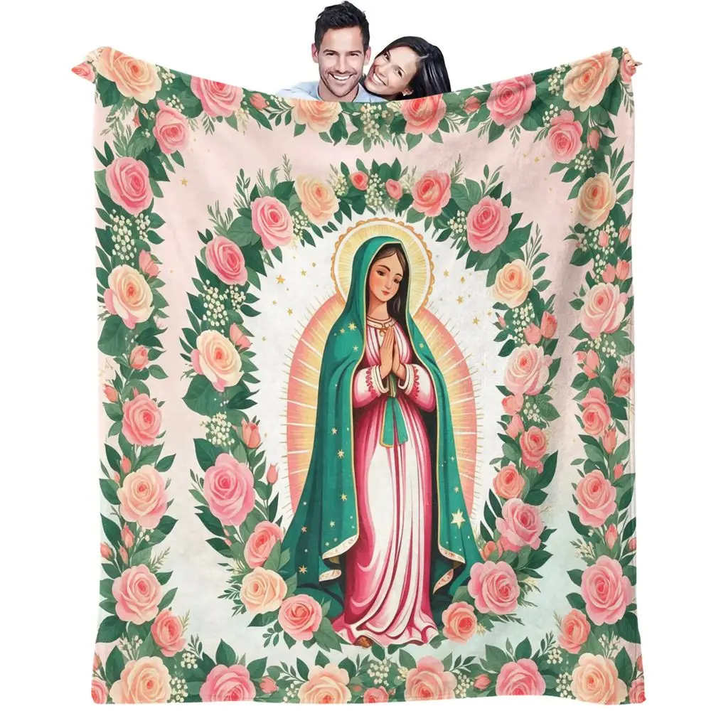 Virgin Mary Our Lady of Guadalupe Print Flannel Blanket Throw Blanket Warm Gift Blanket Soft Digital Printed Bed Sofa Home Decor