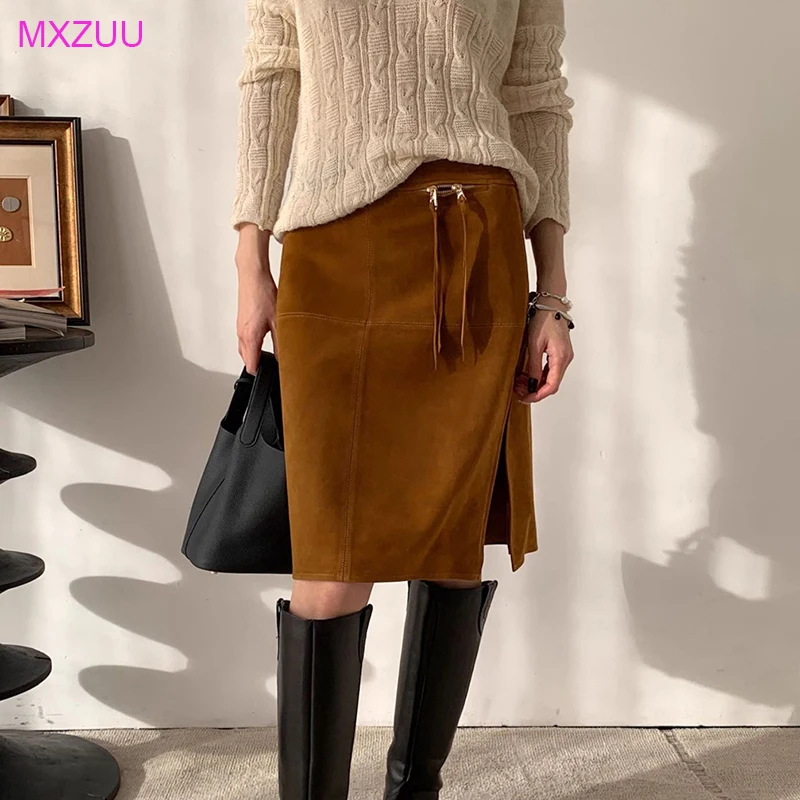 Brown/Blue Real Leather Skirt Autumn Winter 2026 Women Goatskin Suede Zipper Tassel Side Split Wrap Hip Skirts Midi Jupe Femme