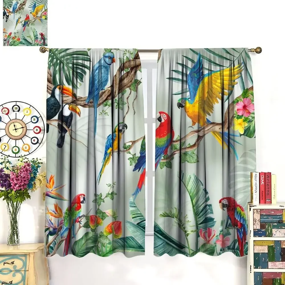 Spring Watercolor Tropical Birds Curtain, Parrot and Toucan with Floral Plants for Living Room or Bedroom, W84xL84