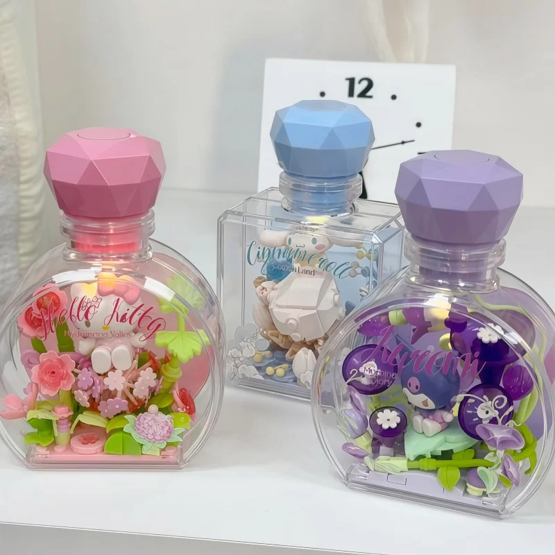 Sanrio Perfume Bottle Series Building Blocks Hellokitty Kuromi Flower Love Elf Assembly Light Model Toy Decoration Ornament Gift