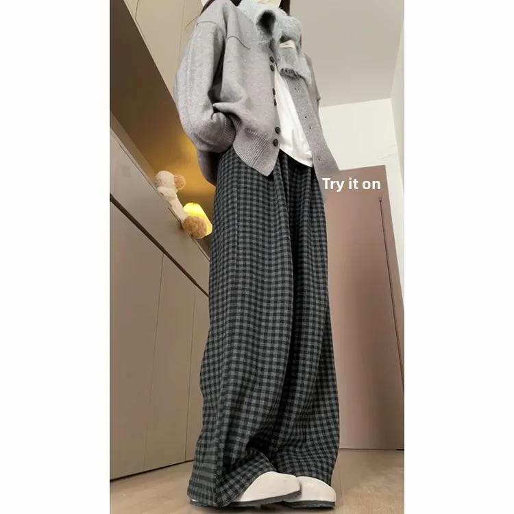 Retro Plaid Casual Pants Women's High Waist Straight Leg Loose Fit Lazy Sle Autumn Winter New Arrival Slimming Effect