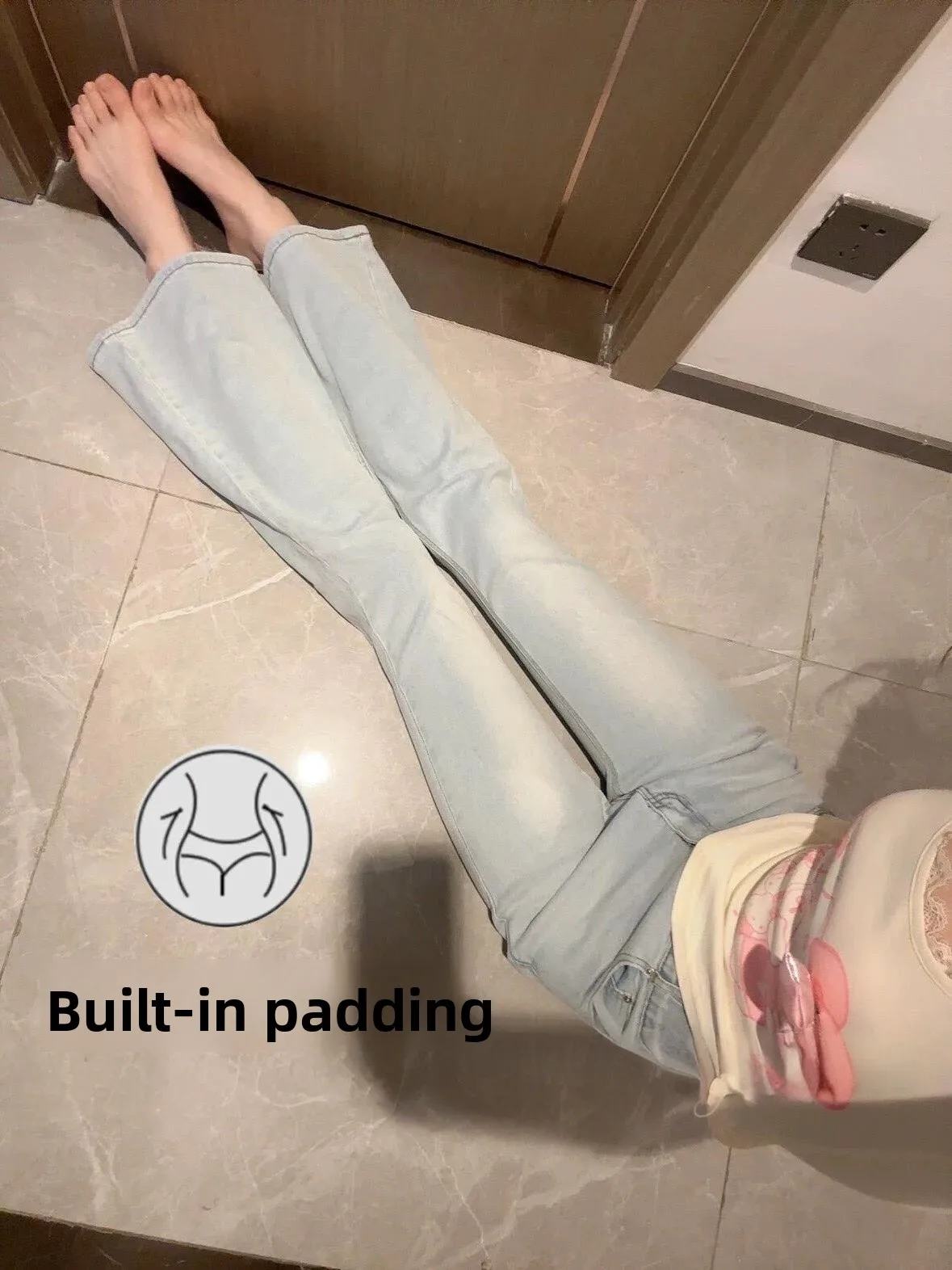 

Attractive Curved High Waist Slim Fit Women's Jeans Double Bule Design with Waterdrop aped Hip Pad Versatile Bootcut Denim