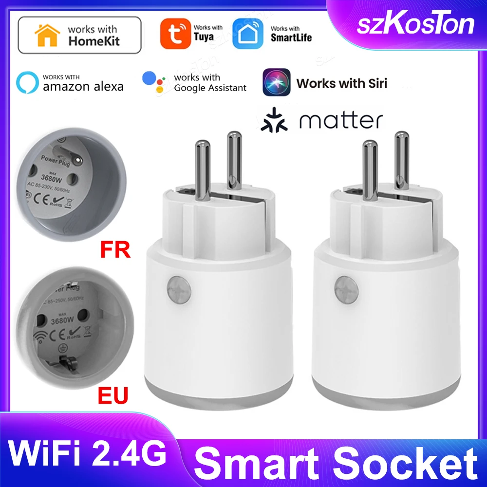 Na materię wtyczka wi-fi 16A inteligentne gniazdo Outlet EU / FR z pominięciem energii 3680W współpracuje z Homekit Alexa Google Tuya Smart Life