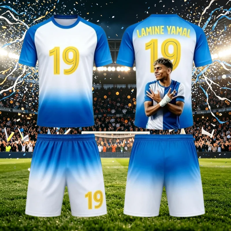 Summer New Fashion # 19 Yamal Football Jersey Sports Casual Loose Short Sleeved T-shirt and Shorts Loose Set Family Kids Tees