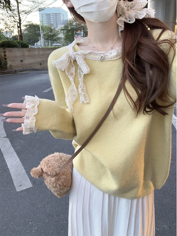 

Korean Sle round Ne Sweet Lace Knitted Sweater Women's Autumn Winter Casual Versatile Loose Fit Long Sve Top