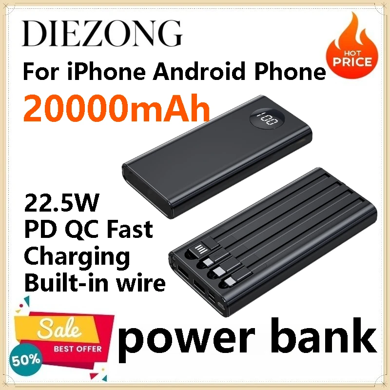20000mAh 22.5W PD QC Fast Charging Power Bank Built-in Cable Portable External Battery Charger For iPhone Android Phone