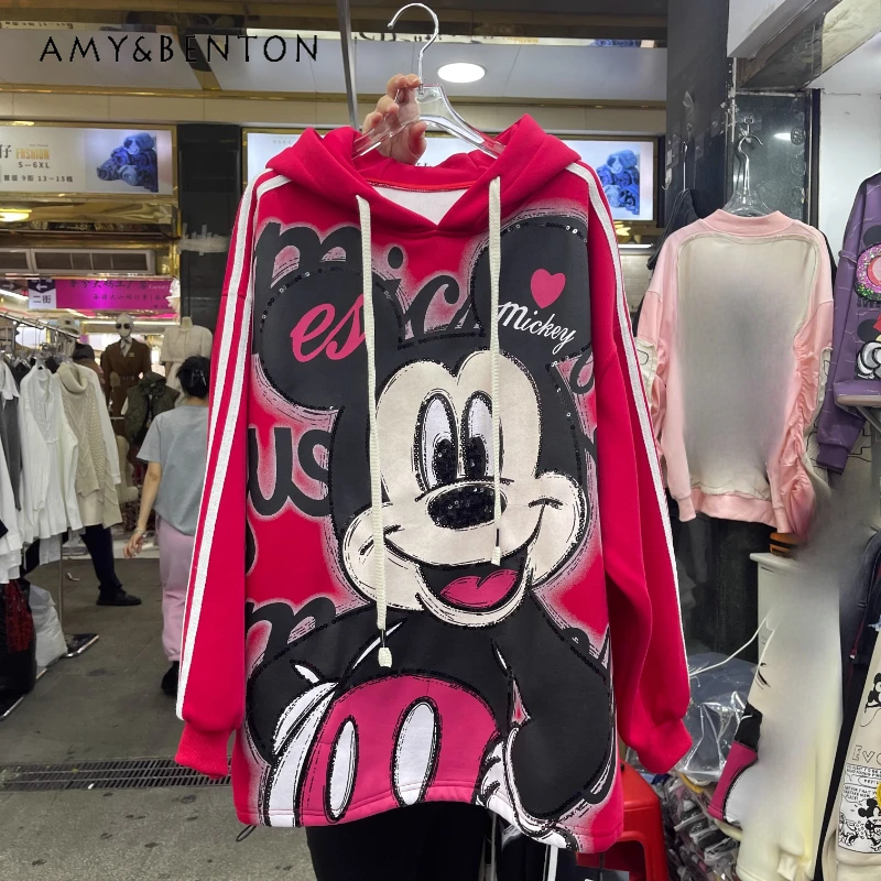 

2025 Autumn Winter New Heavy Craft Cartoon Hooded Sweatshirts Coat Long Sleeved Loose Casual Jacket Pullover Women's Clothing