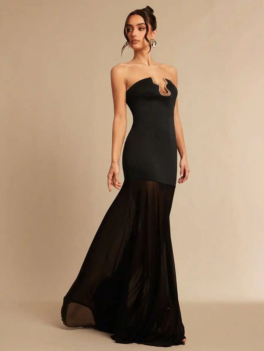 

Black Strapless Mermaid Long Dress With Cut-Out Detail For Womens Parties