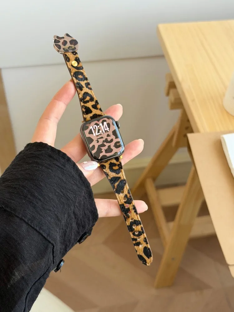 Leopard Pattern Strap for Apple Watch Band 38/40/41 42/44/45/49 S10/11 42/46mm Cute Cat Resin Buckle for iWatch 9 8 7 6 5 4 3 2