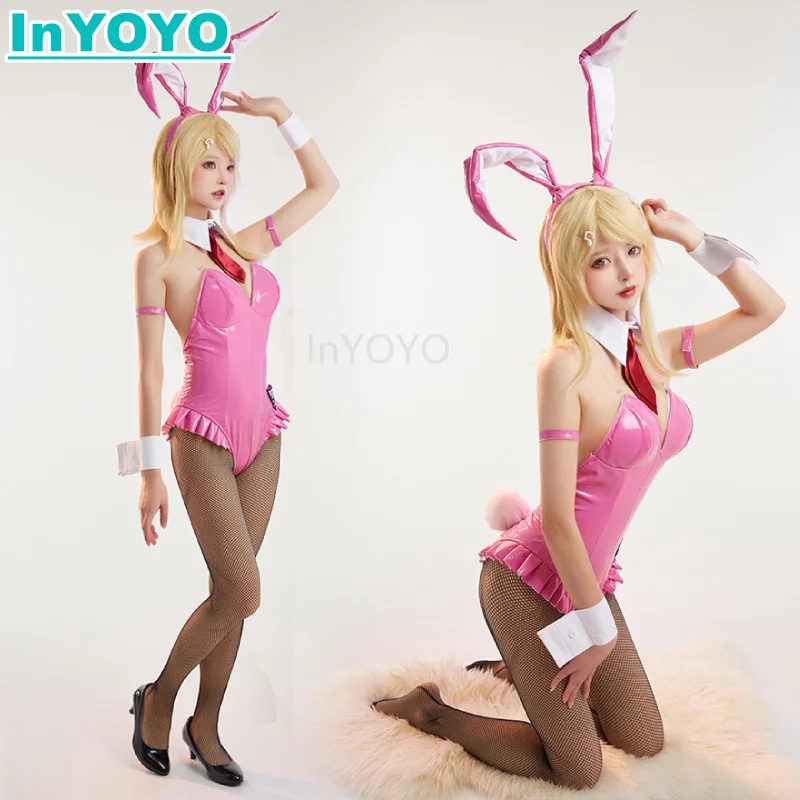 

InYOYO Danganronpa Cosplay Akamatsu Kaede Costume Pink Lovely Bunny Girl Jumpsuits PU Leather Uniform Halloween Party Suit