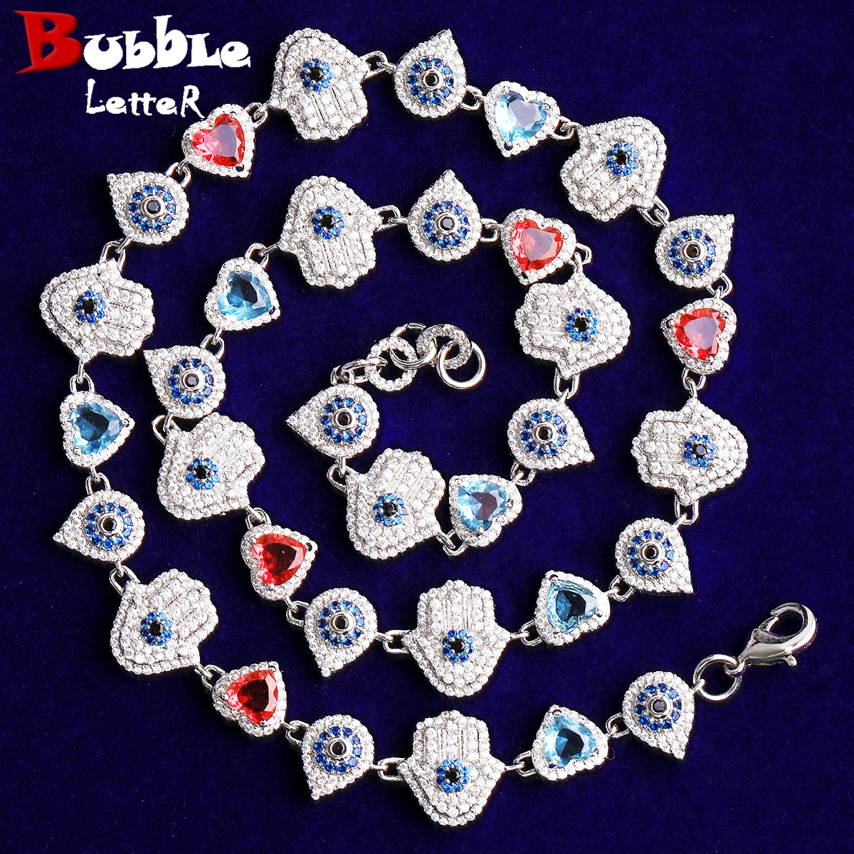 Bubble Letter Iced Out Hand Eye Drop Heart Necklace Choker for Women 5A Cubic Zirconia Real Gold Plated Hip Hop Jewelry