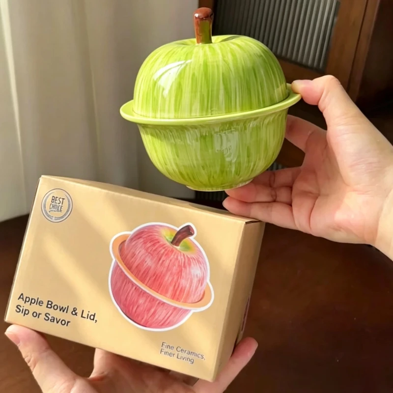 Creative Apple Shaped Ceramic Stew Pot with Lid Serving Bowl for Steamed Egg Dessert Yogurt Home Tableware Gift