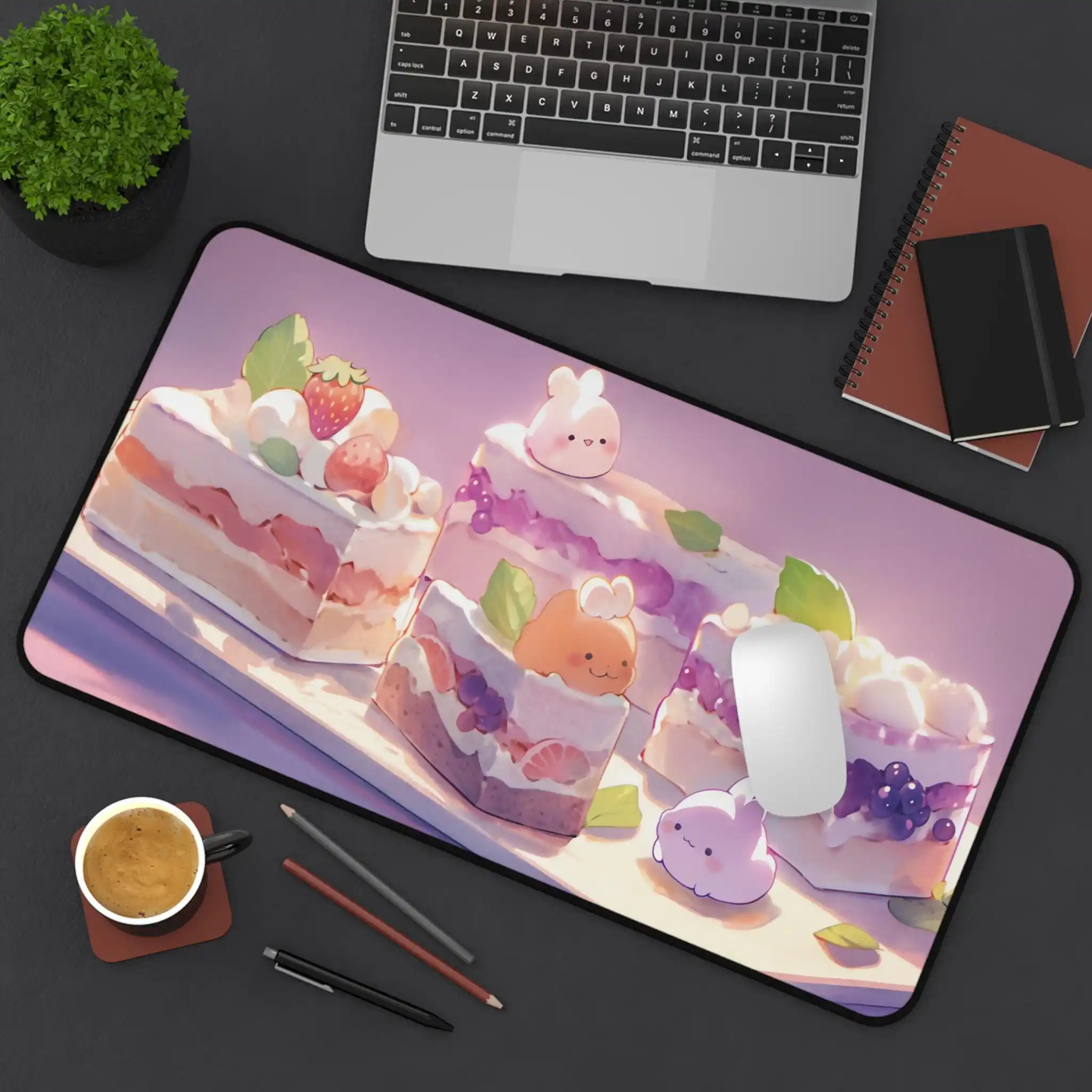 سجادة طاولة بنمط كعكة المعجنات الأرجوانية اللطيفة، لوحة ماوس للألعاب مع تصميم طعام الرسوم المتحركة، سجادة مكتب فتاة حلوة مقاس XXL، هدية مثالية