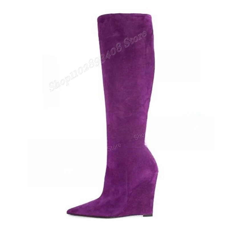 Purple Suede Wedge Heel Knee High Boots Solid Pointed Toe Slip-on High Quality Women Shoes 2023 Fashion Sexy Zapatos Para Mujere