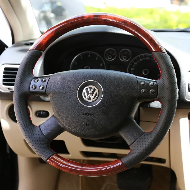 100%Fit For Volkswagen VW Passat LingYu Auto Parts Hand-stitched Peach wood grain black Genuine Leather car steering wheel cover